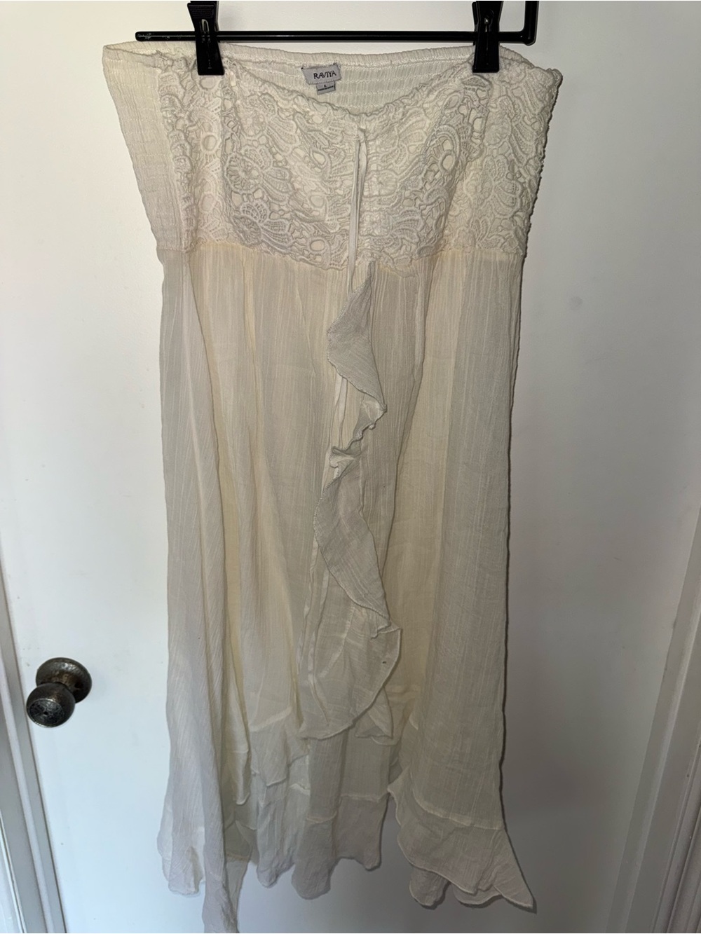 Raviya Cream Strapless Lace Ruffle Maxi Dress